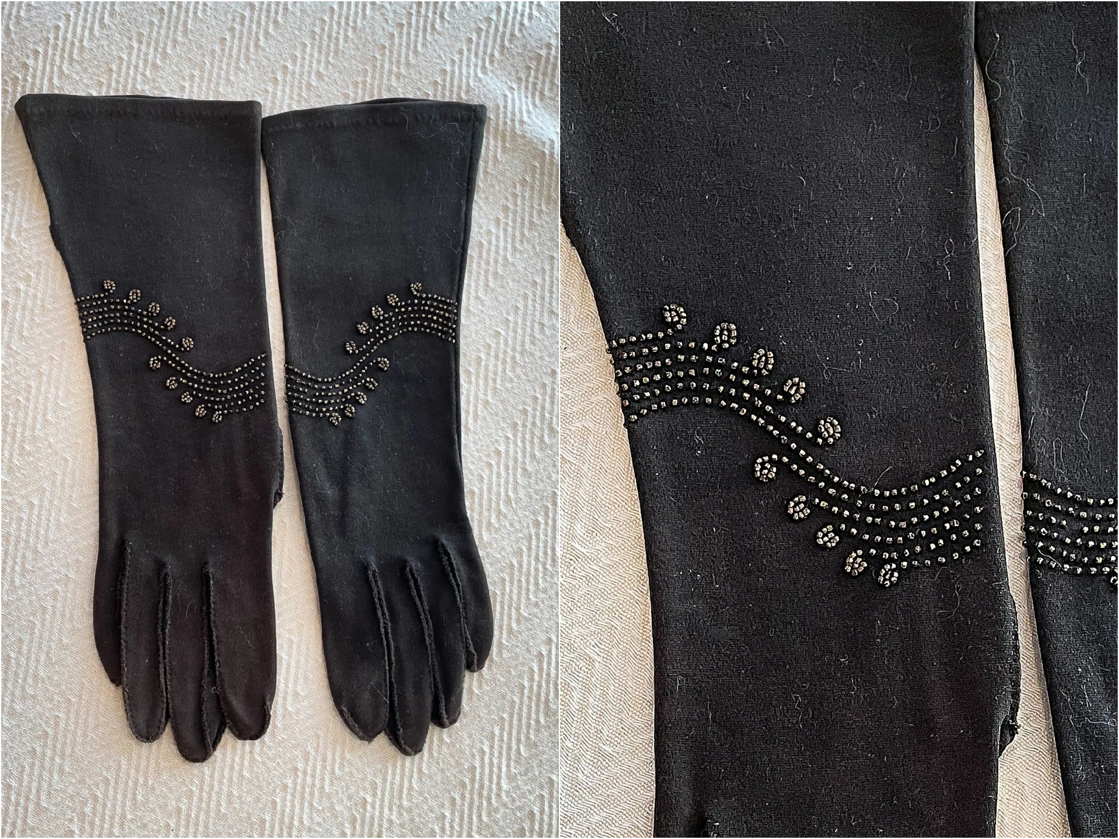 1940s Vintage Beaded Cotton Gloves, Brown Fancy Gloves SZ 6