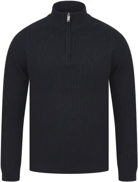 Asteroid Half Zip Funnel Neck Wool Blend Knitted Jumper in Dark Navy - Dissident