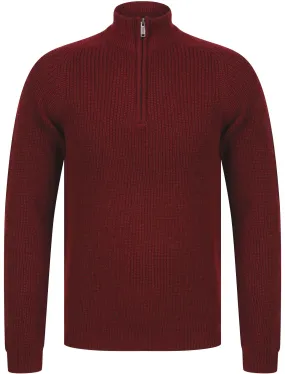 Asteroid Half Zip Funnel Neck Wool Blend Knitted Jumper in Oxblood - Dissident