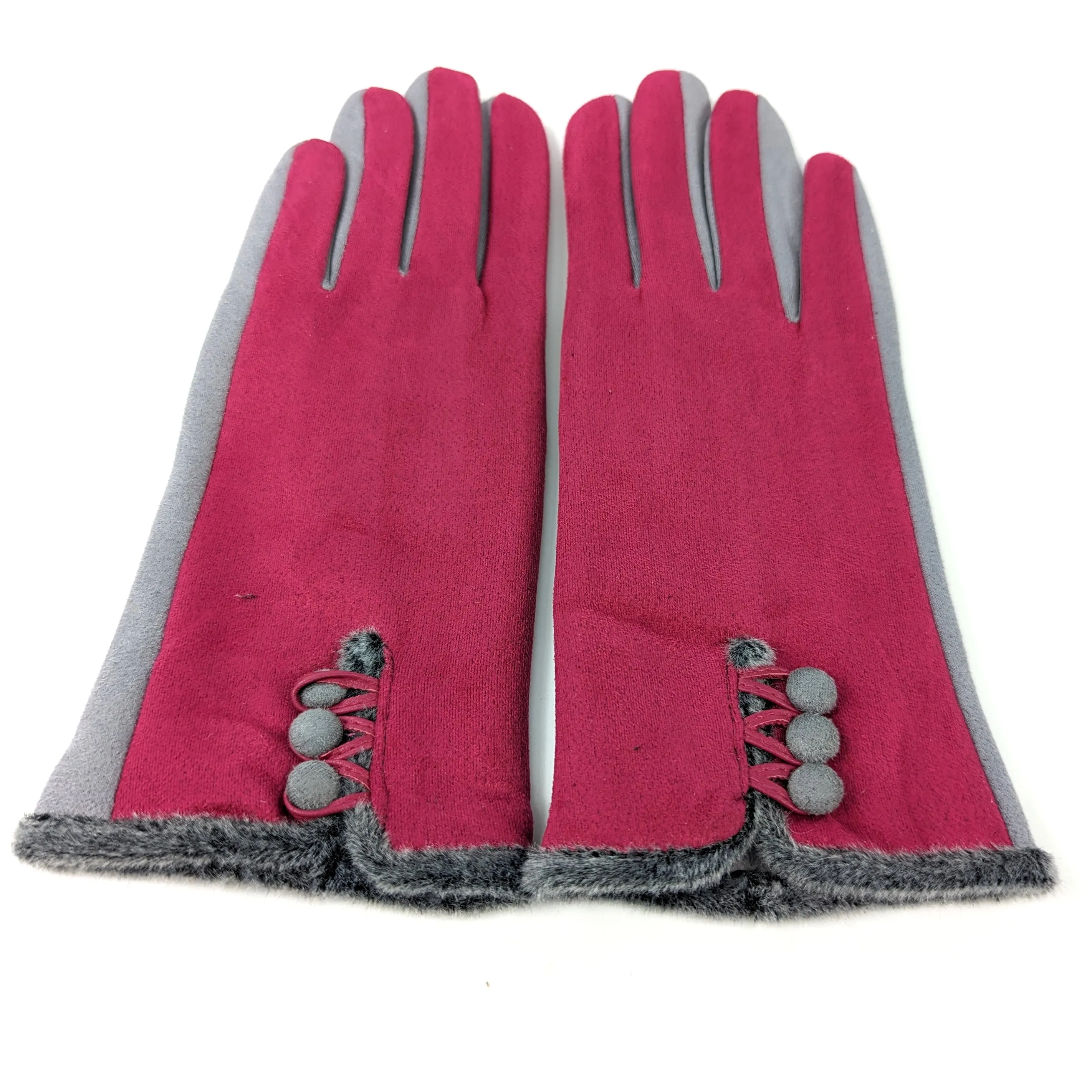 Bicolour Suede Effect Gloves with Faux Fur Trim - Pink/Grey