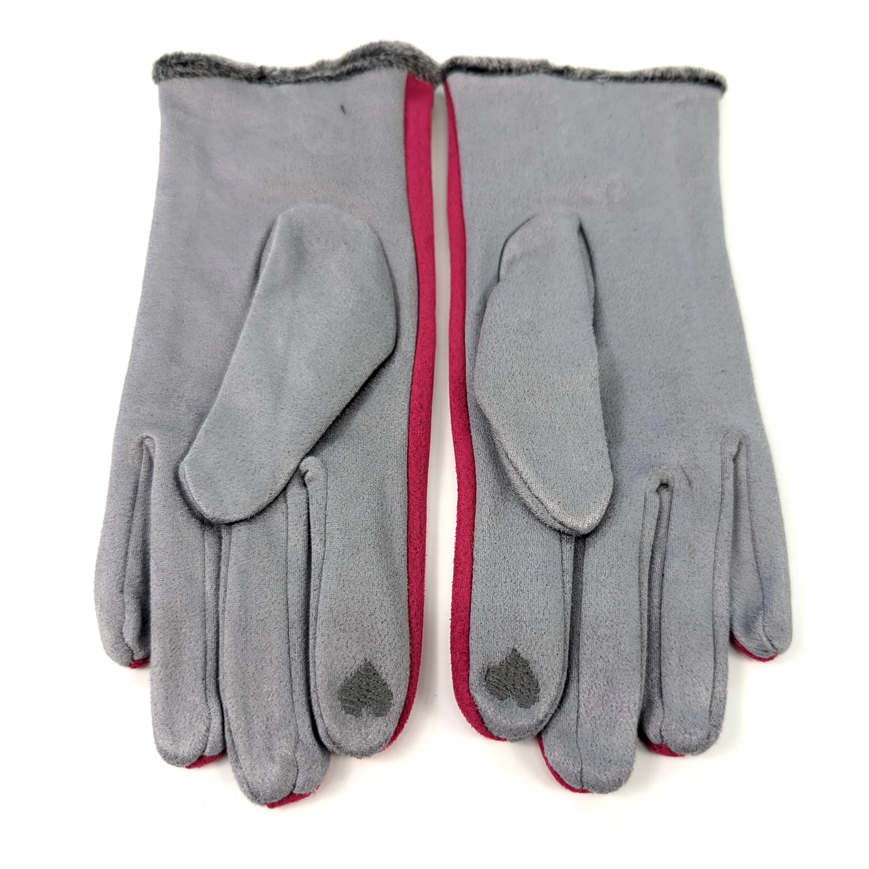 Bicolour Suede Effect Gloves with Faux Fur Trim - Pink/Grey