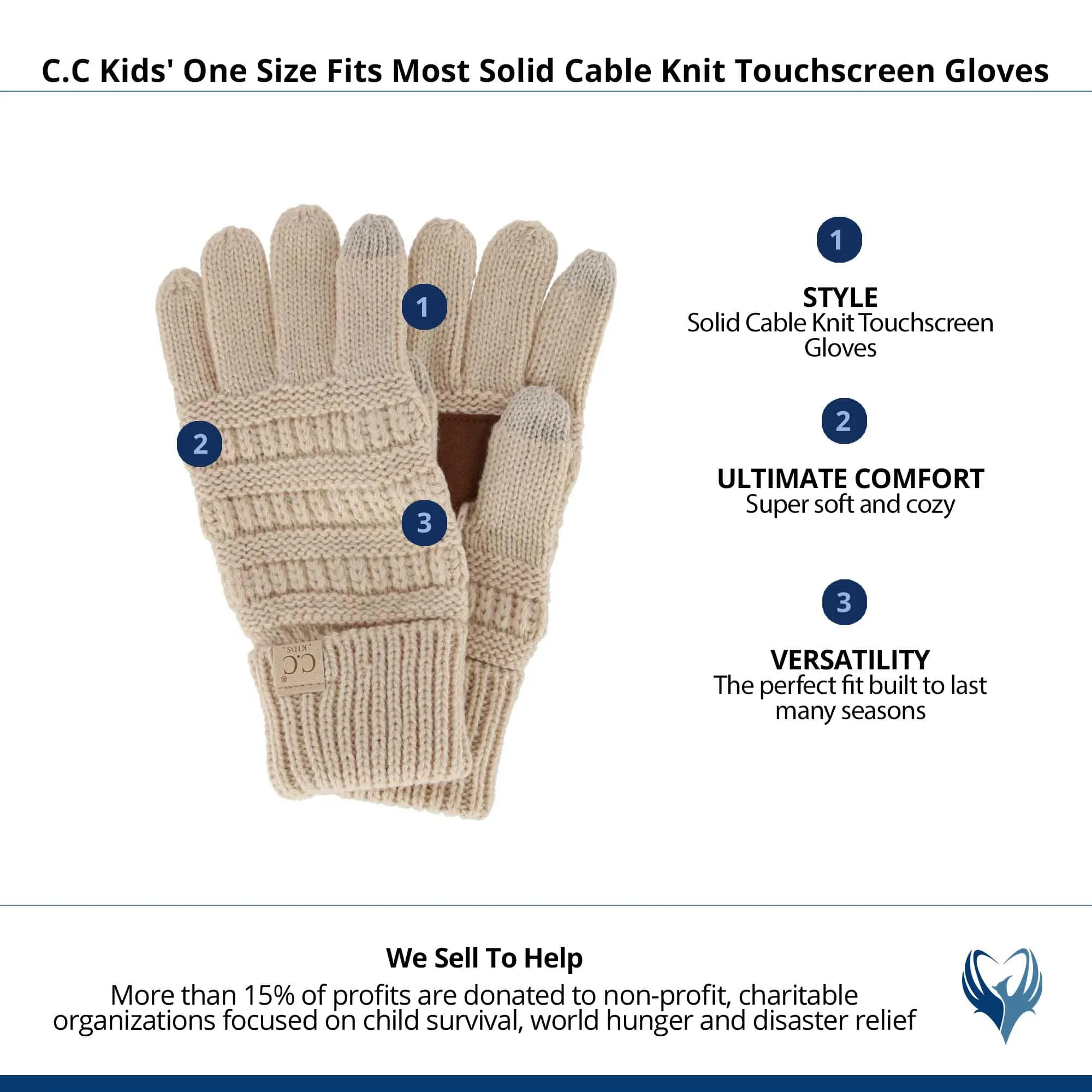 C.C Kids' One Size Fits Most Solid Cable Knit Touchscreen Gloves