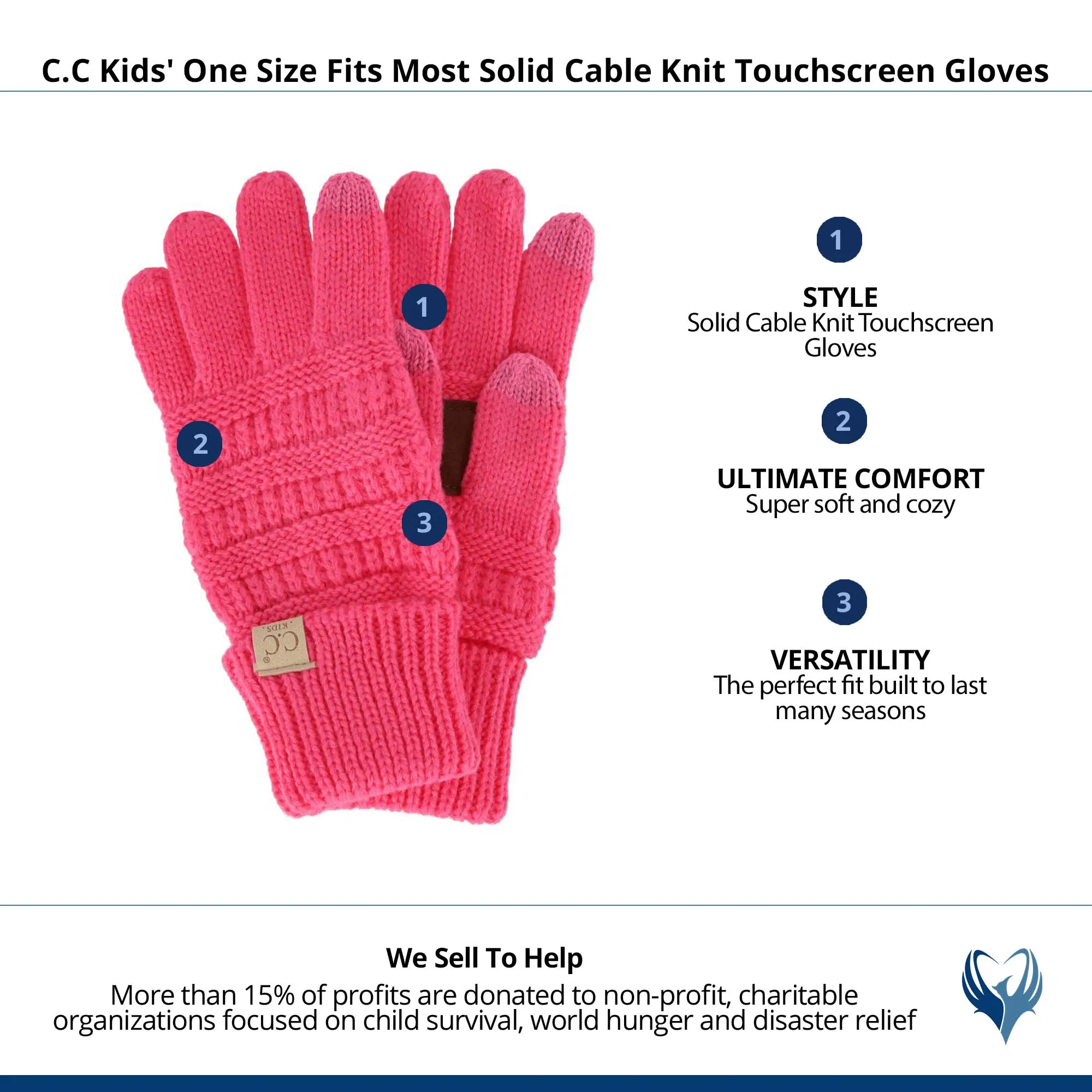 C.C Kids' One Size Fits Most Solid Cable Knit Touchscreen Gloves