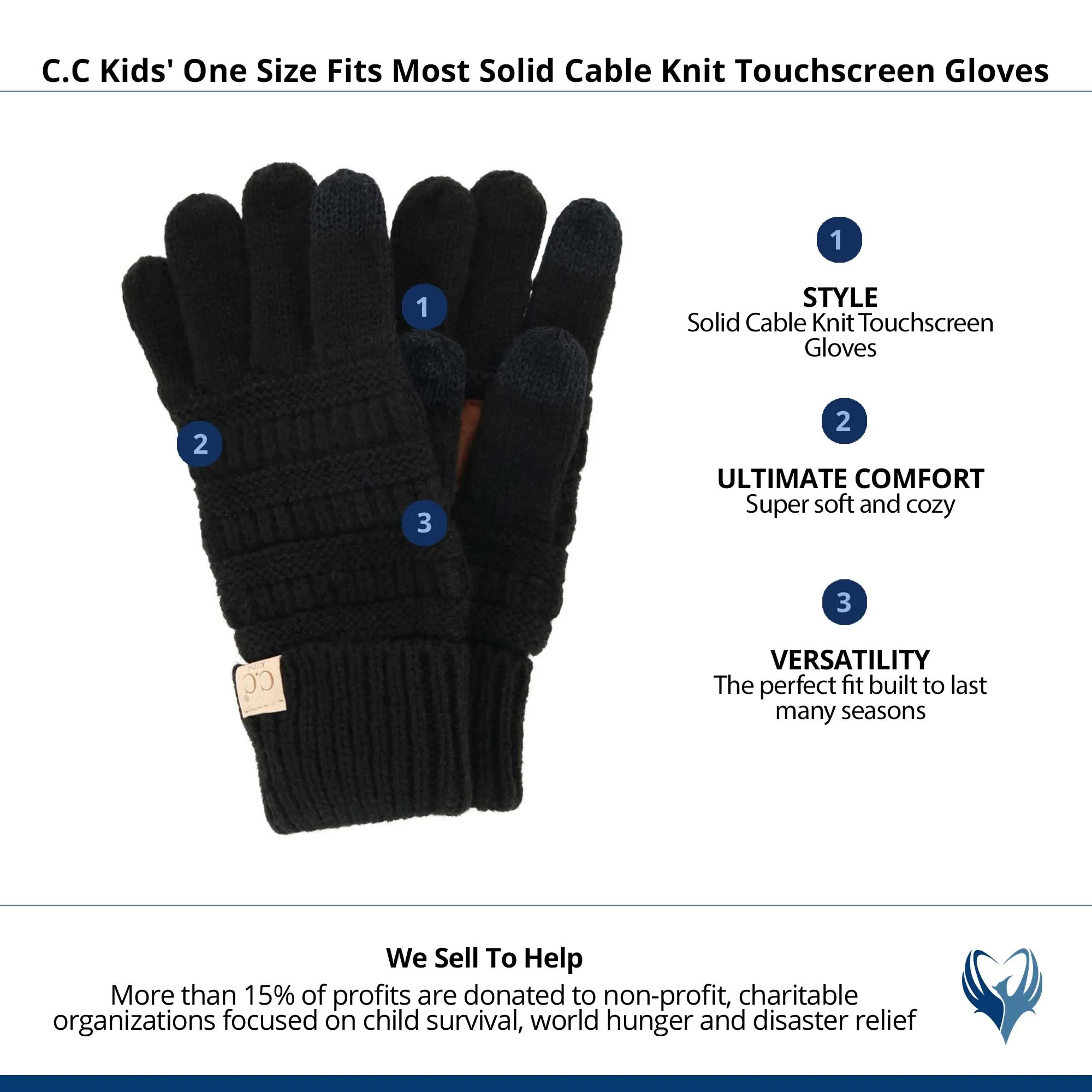 C.C Kids' One Size Fits Most Solid Cable Knit Touchscreen Gloves