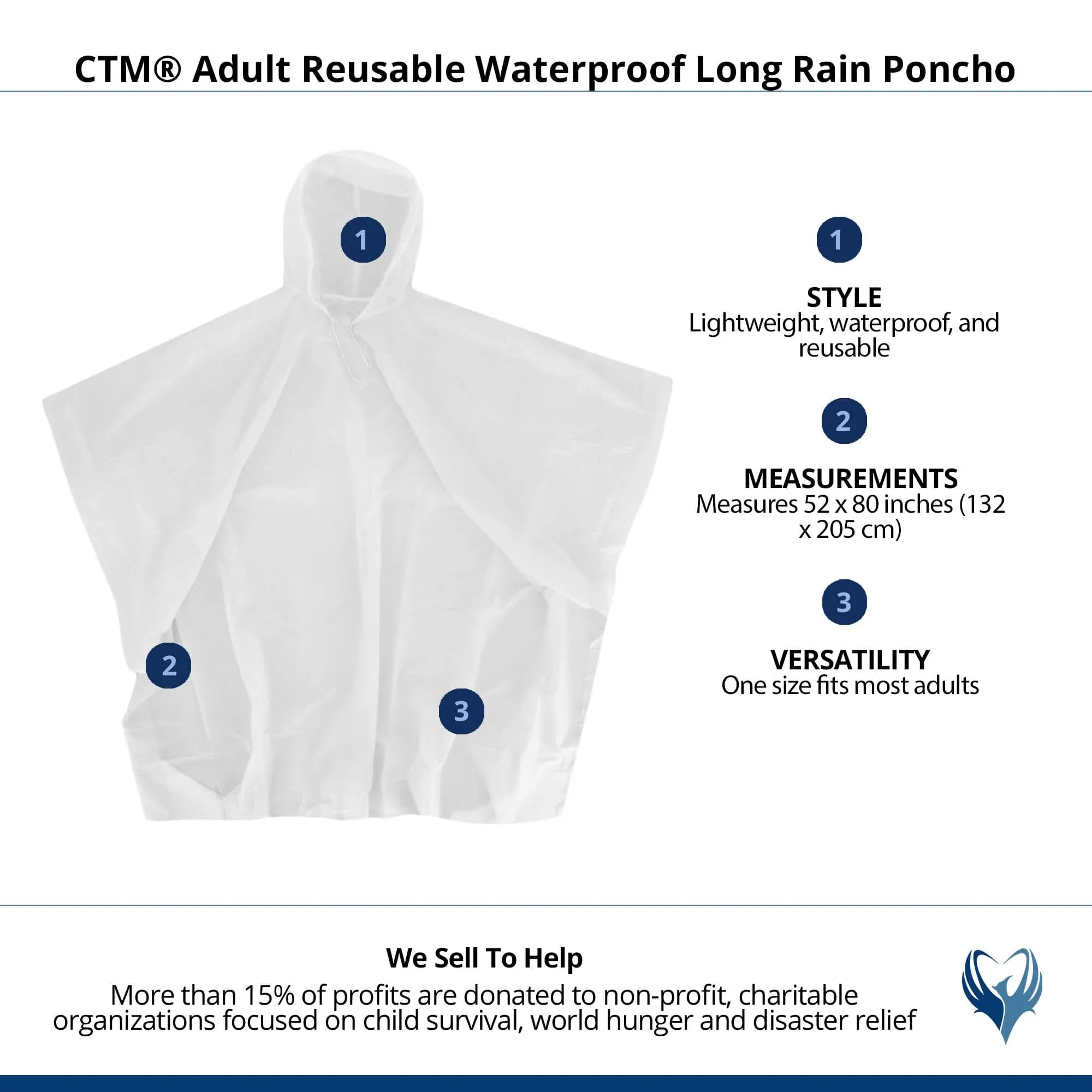 CTM® Adult Reusable Waterproof Long Rain Poncho