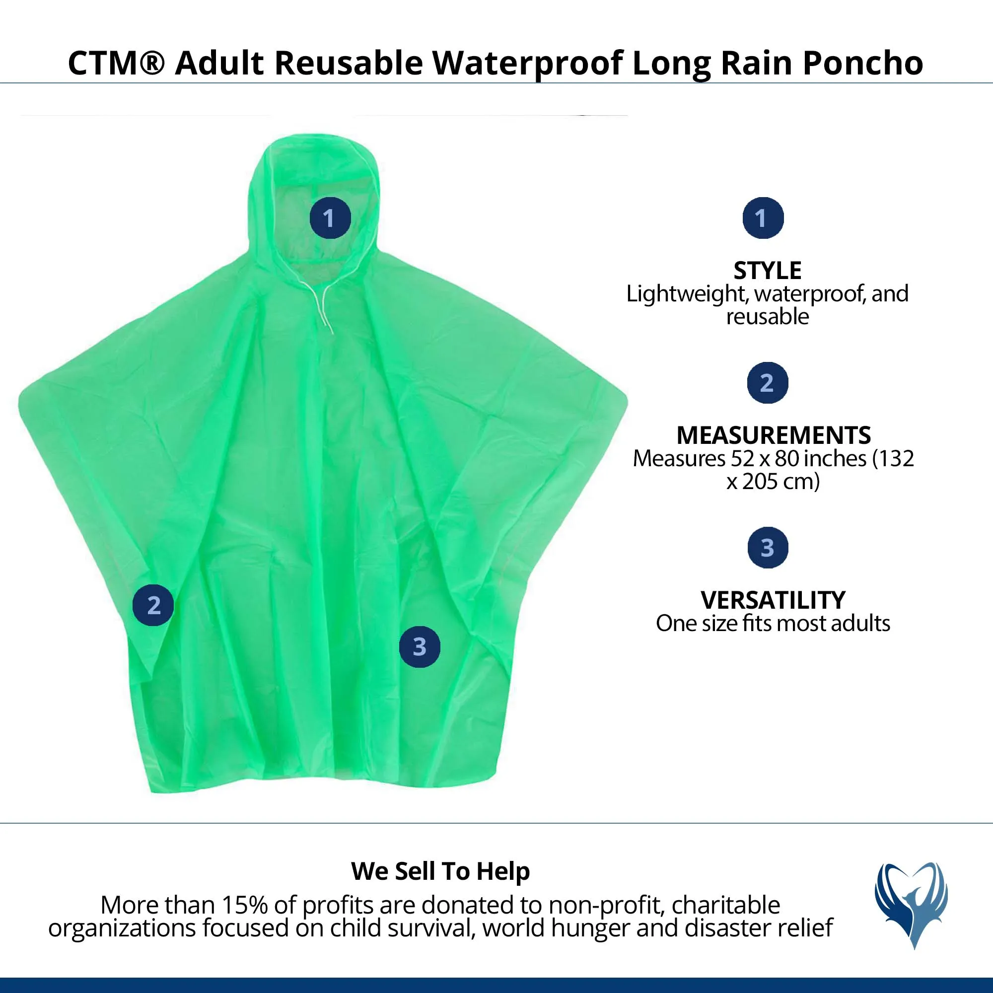 CTM® Adult Reusable Waterproof Long Rain Poncho