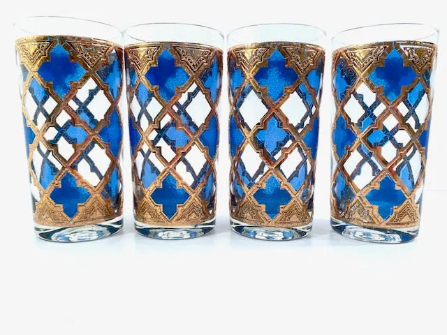 Culver Mid-Century Blue and Gold Encrusted Glasses (Set of 4)