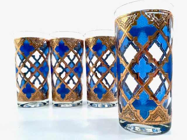 Culver Mid-Century Blue and Gold Encrusted Glasses (Set of 4)