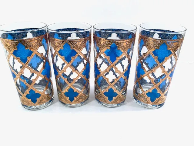 Culver Mid-Century Blue and Gold Encrusted Glasses (Set of 4)