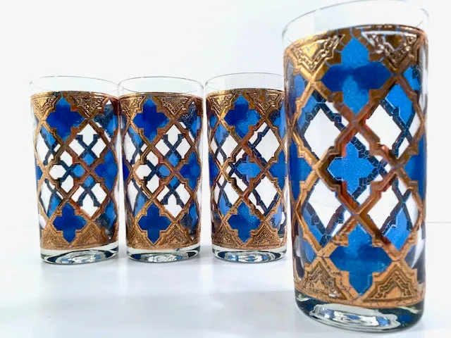 Culver Mid-Century Blue and Gold Encrusted Glasses (Set of 4)