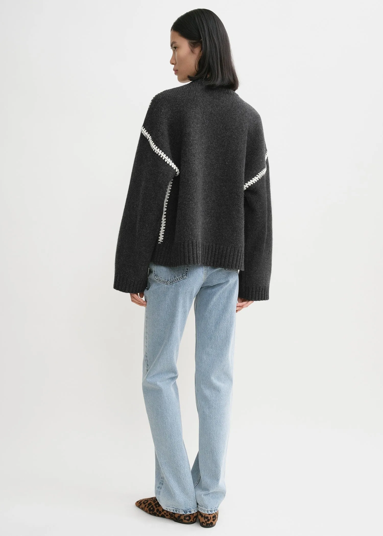 Embroidered wool cashmere knit grey melange