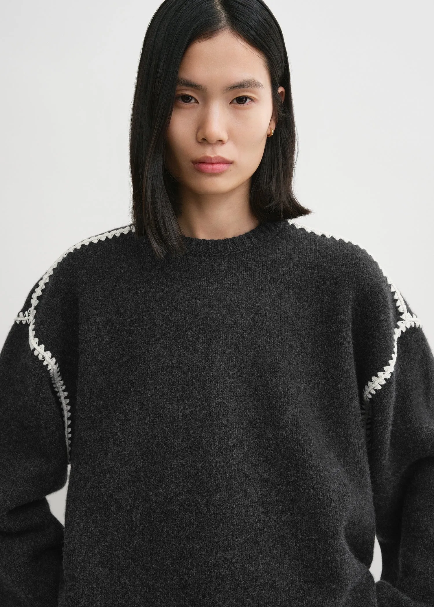 Embroidered wool cashmere knit grey melange