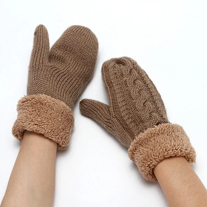 Fluffy Fleece Lined Solid Color Chunky Cable Knit Mittens