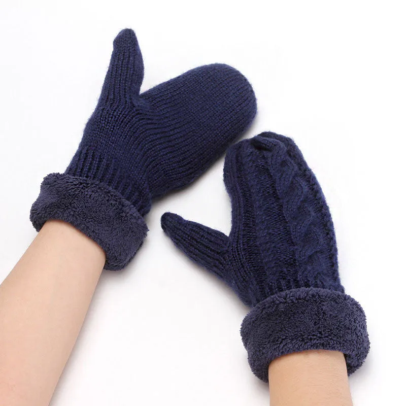 Fluffy Fleece Lined Solid Color Chunky Cable Knit Mittens