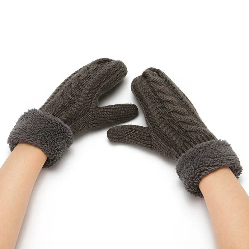 Fluffy Fleece Lined Solid Color Chunky Cable Knit Mittens