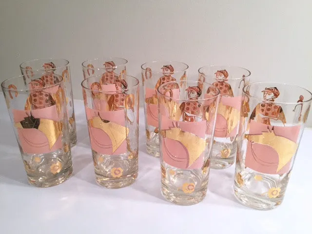 Fred Press - Mid-Century Signed Pink & 22-Karat Gold Jockey & Horse Glasses (Set of 8)