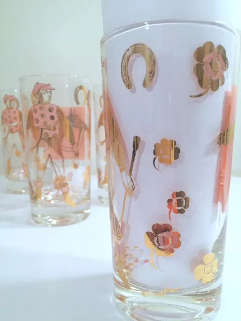 Fred Press - Mid-Century Signed Pink & 22-Karat Gold Jockey & Horse Glasses (Set of 8)