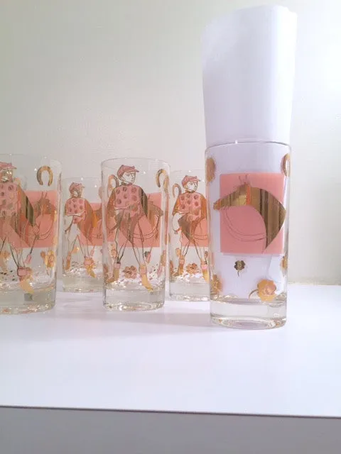 Fred Press - Mid-Century Signed Pink & 22-Karat Gold Jockey & Horse Glasses (Set of 8)