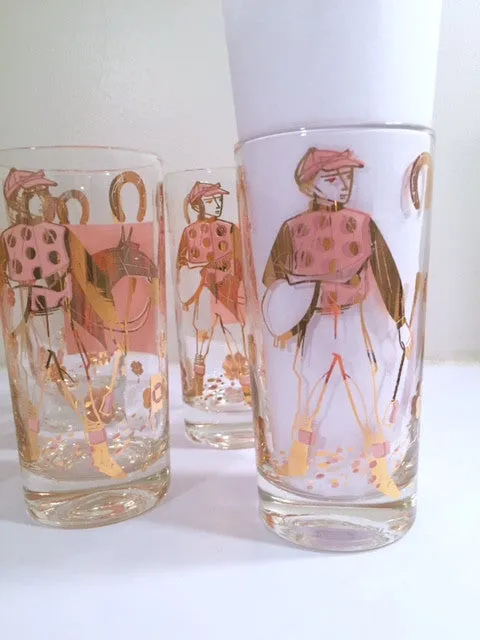 Fred Press - Mid-Century Signed Pink & 22-Karat Gold Jockey & Horse Glasses (Set of 8)