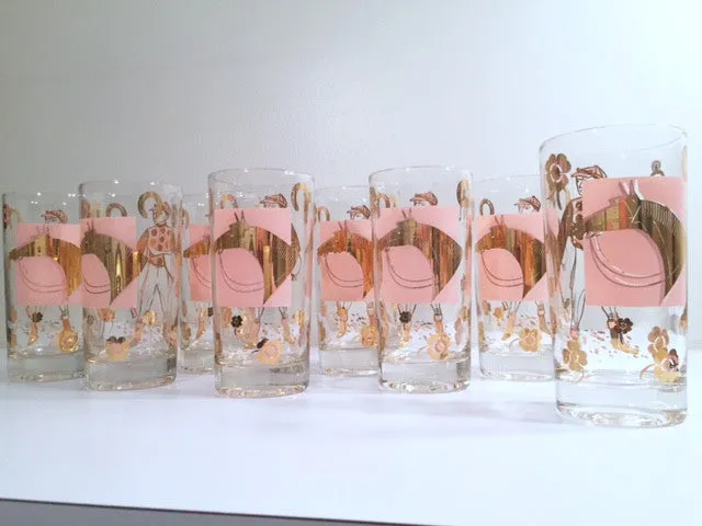 Fred Press - Mid-Century Signed Pink & 22-Karat Gold Jockey & Horse Glasses (Set of 8)