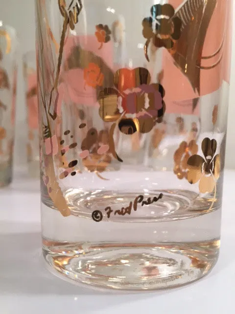 Fred Press - Mid-Century Signed Pink & 22-Karat Gold Jockey & Horse Glasses (Set of 8)