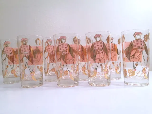 Fred Press - Mid-Century Signed Pink & 22-Karat Gold Jockey & Horse Glasses (Set of 8)