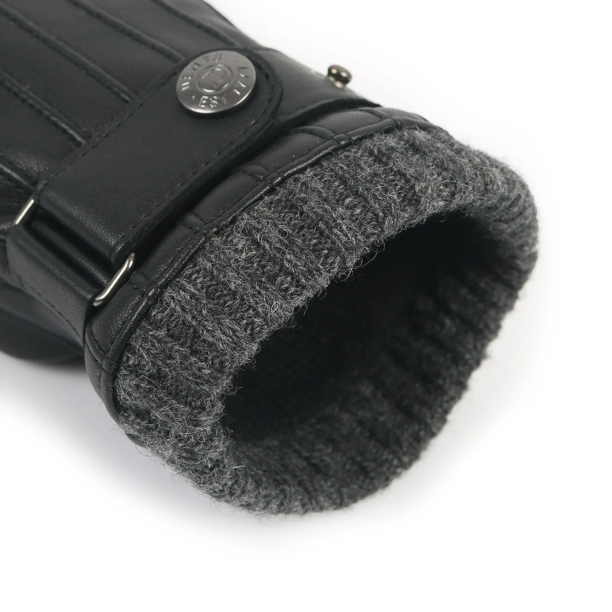 Men’s Touchscreen Wool Blend-Lined Leather Gloves with Vertical Stitch Design and Knitted Cuffs