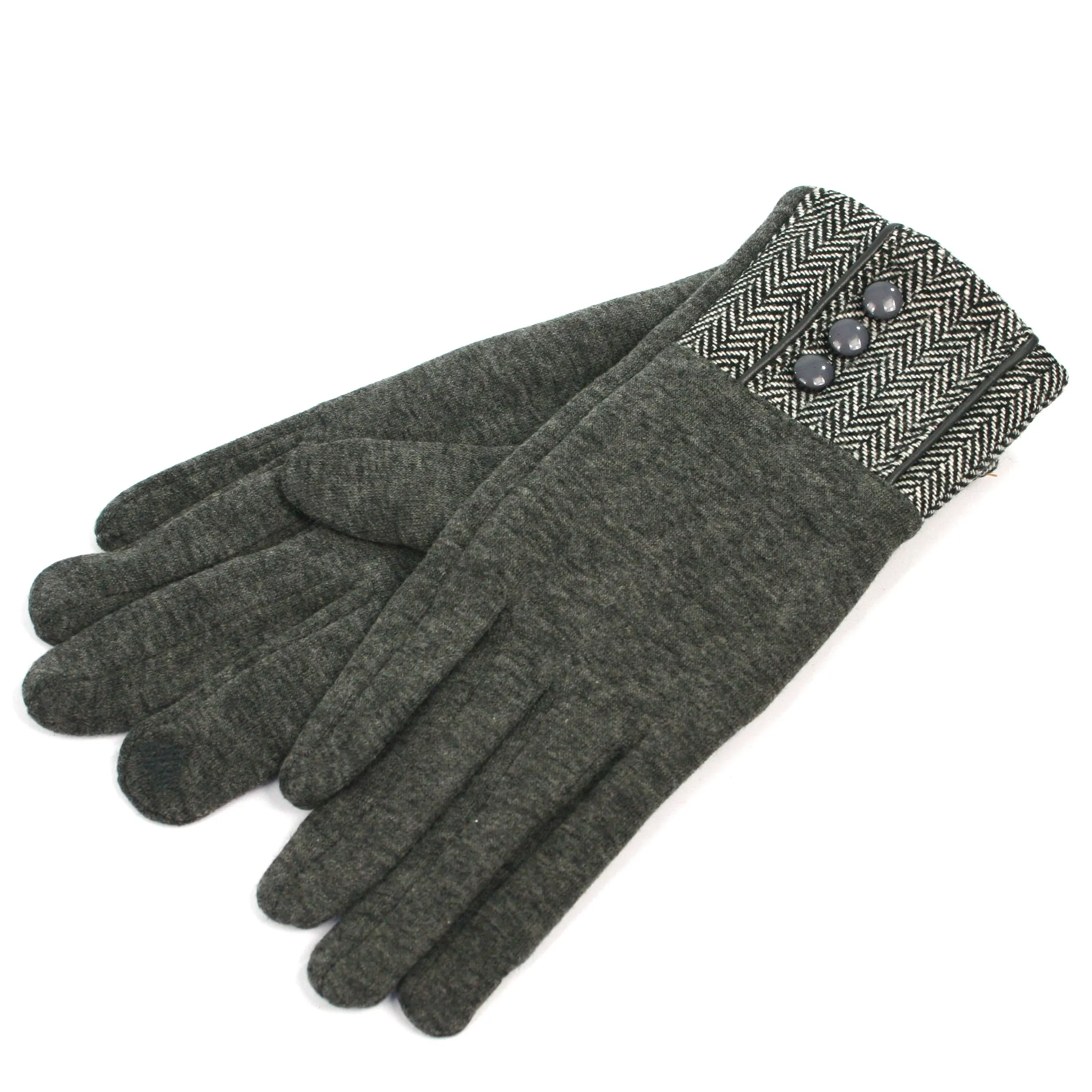 Soft Ladies Gloves with Herringbone and Button Detailing