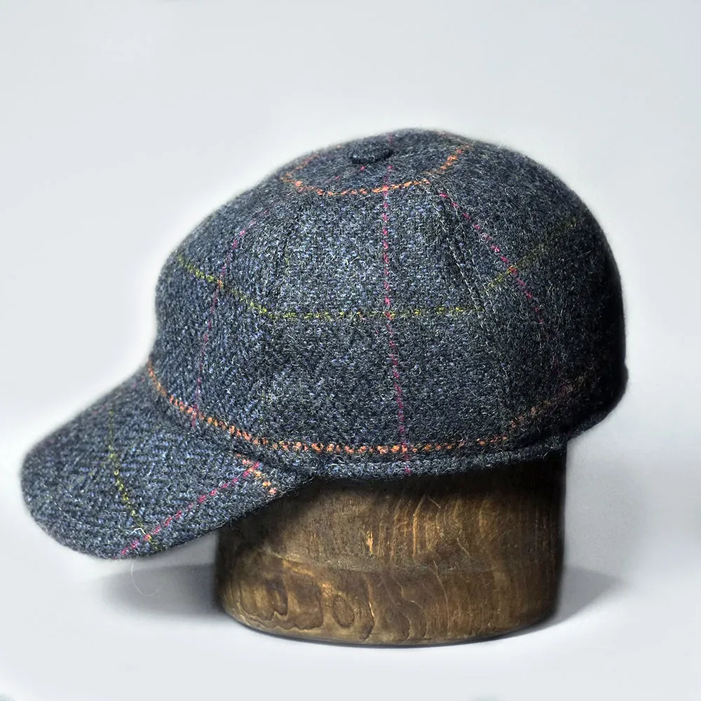 Tweed baseball hat with ear warmers in navy windowpane