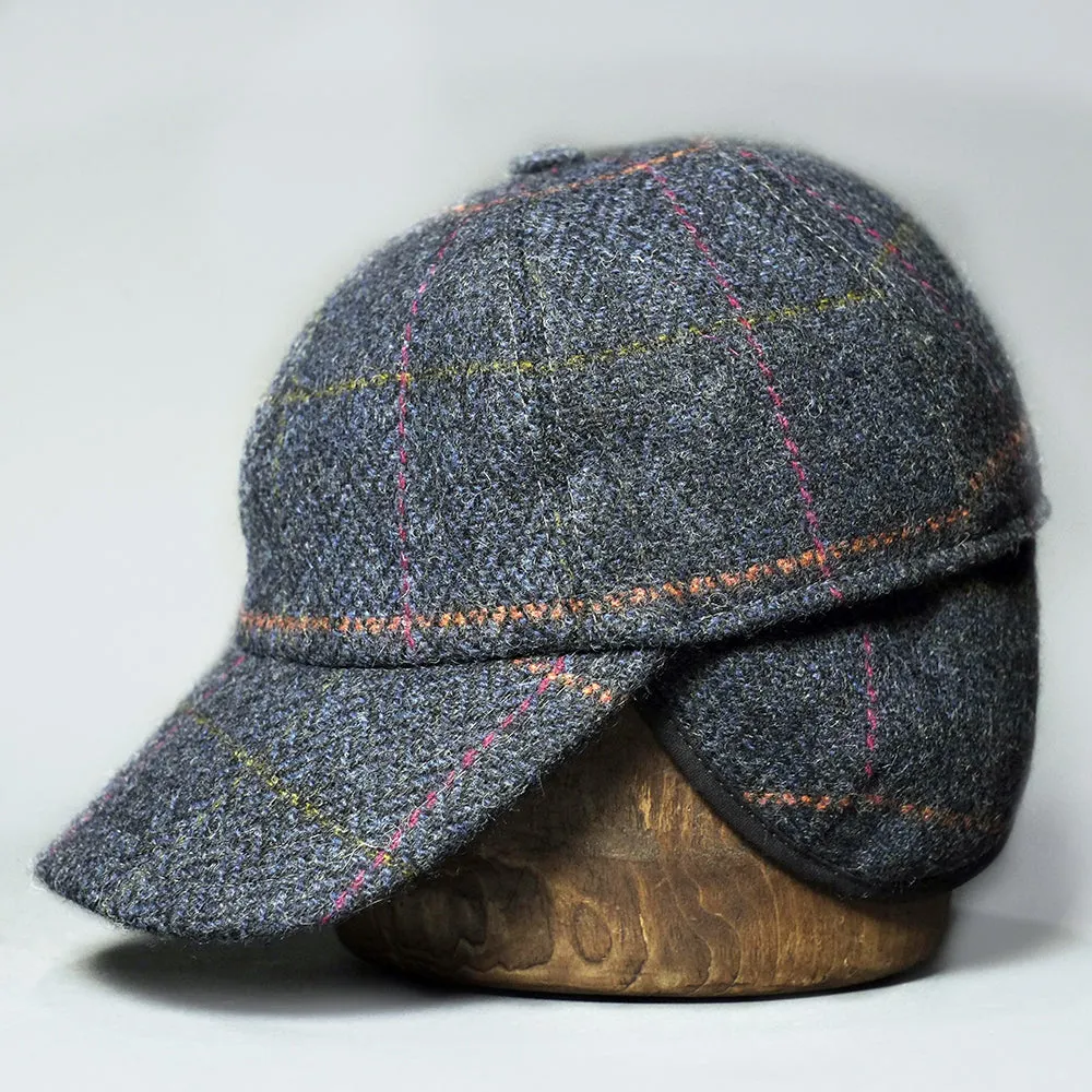 Tweed baseball hat with ear warmers in navy windowpane