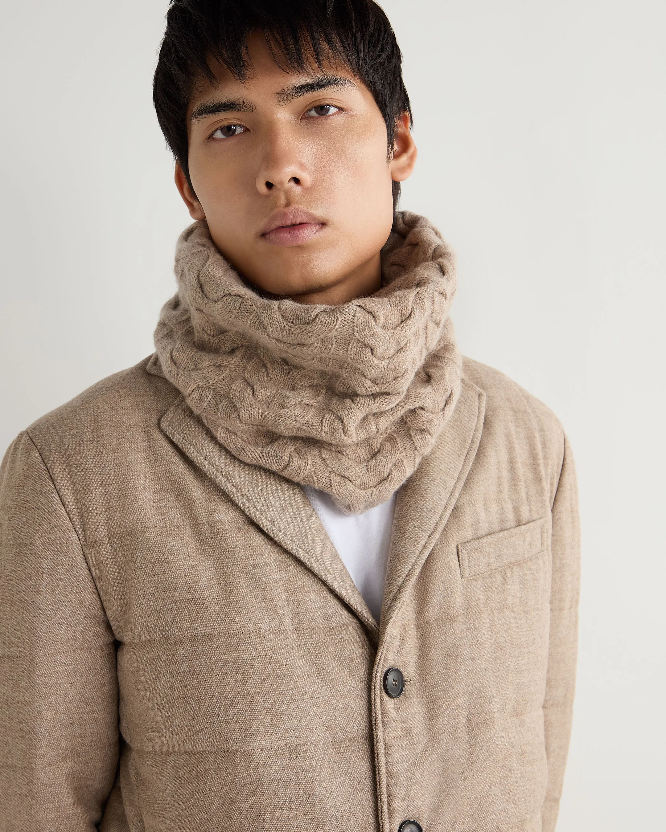 Unisex Cable Cashmere Snood Oatmeal Brown