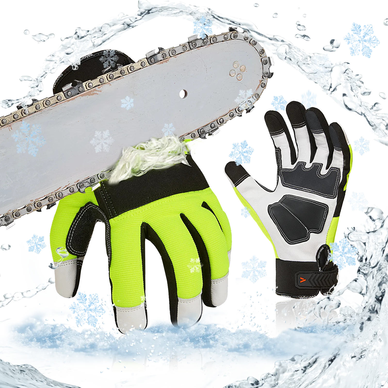 VGO 0°C/32°F COLDPROOF Winter Chainsaw Gloves, 12-Layer Chainsaw Protection, Safety leather Work Gloves, Mechanic Gloves(Green, GA8912FW)