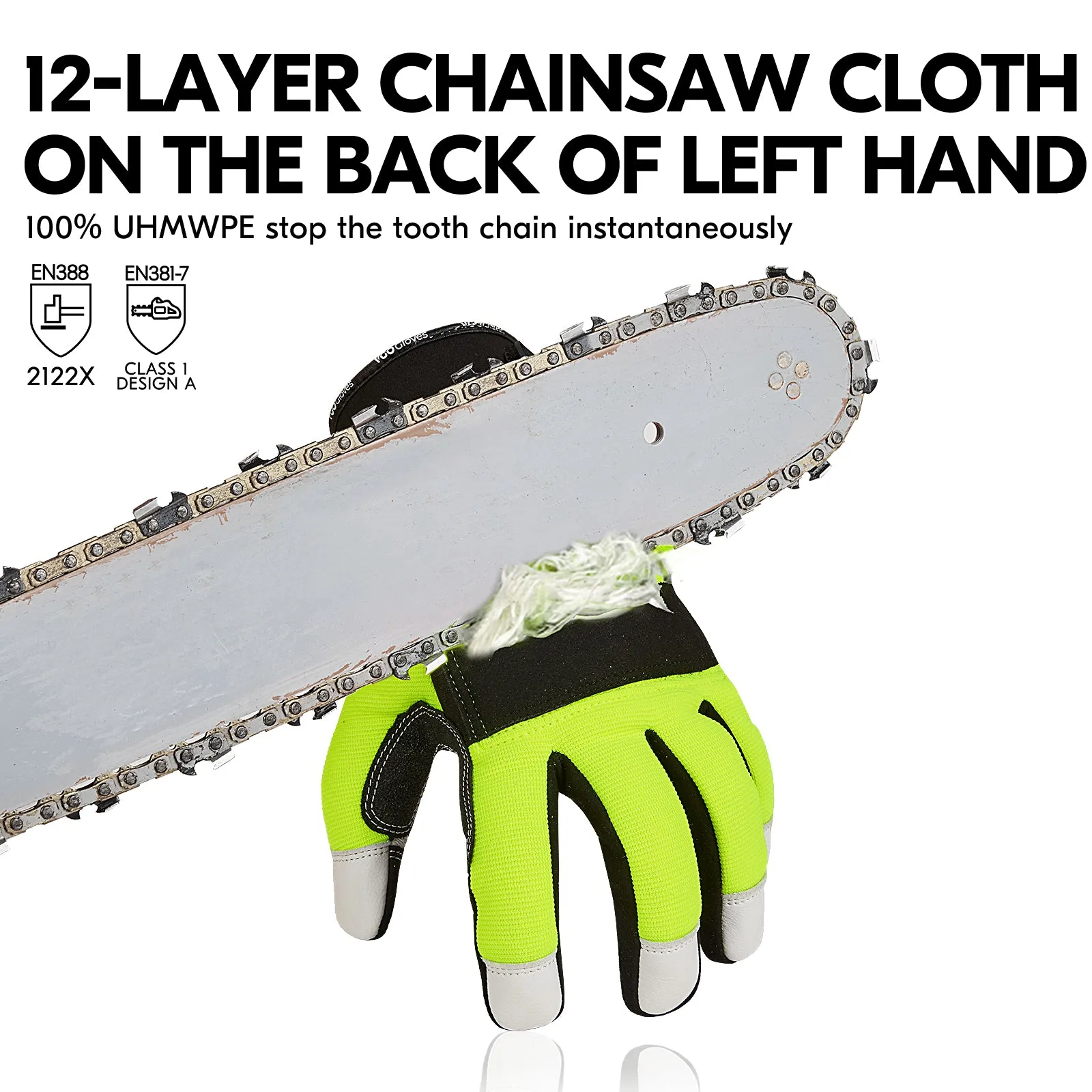 VGO 0°C/32°F COLDPROOF Winter Chainsaw Gloves, 12-Layer Chainsaw Protection, Safety leather Work Gloves, Mechanic Gloves(Green, GA8912FW)