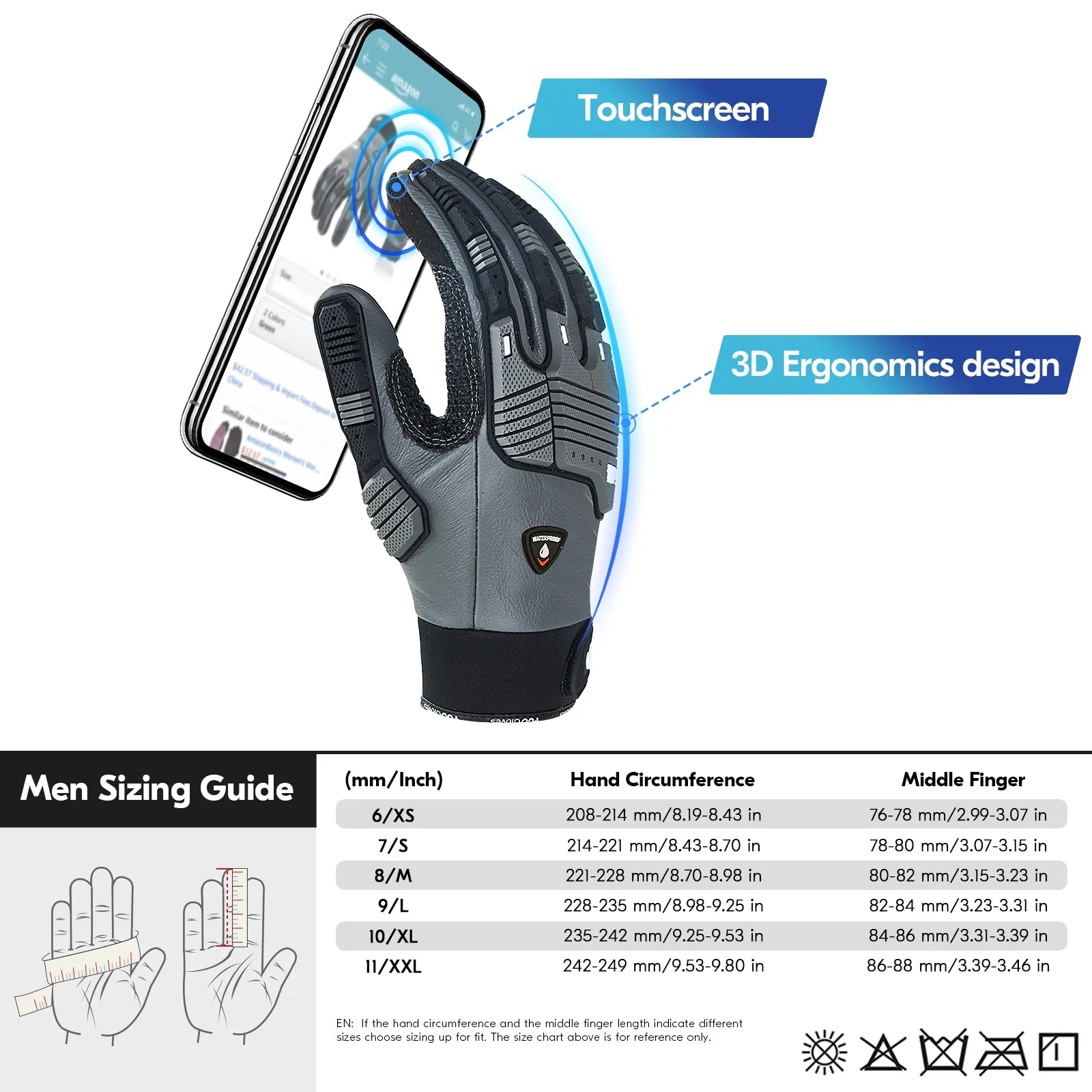 VGO 1 Pair -20℃/-4°F COLDPROOF, Winter Work Leather Gloves, Mechanics Gloves, Impact Gloves, Anti-Vibration Gloves For Men ( CA7722FLWP-GRA)