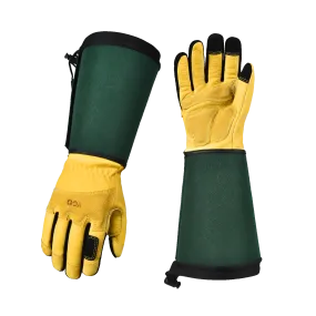 VGO 1 Pair Cow Grain Leather Extra-long Cuff Gardening Gloves, Work Gloves, Puncture-proof, Thornproof, Durability, Touchscreen (Golden Green, CA7472)