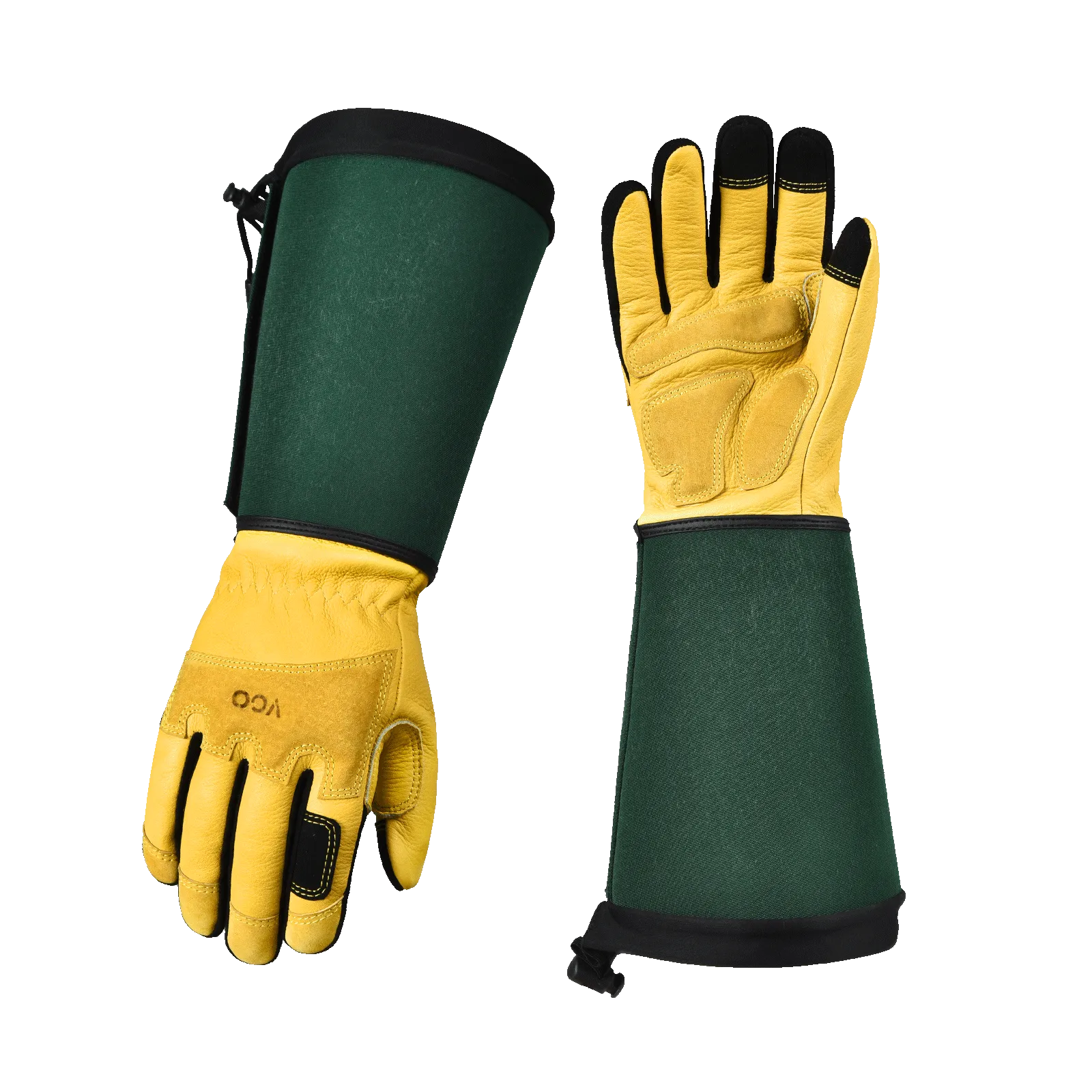 VGO 1 Pair Cow Grain Leather Extra-long Cuff Gardening Gloves, Work Gloves, Puncture-proof, Thornproof, Durability, Touchscreen (Golden Green, CA7472)