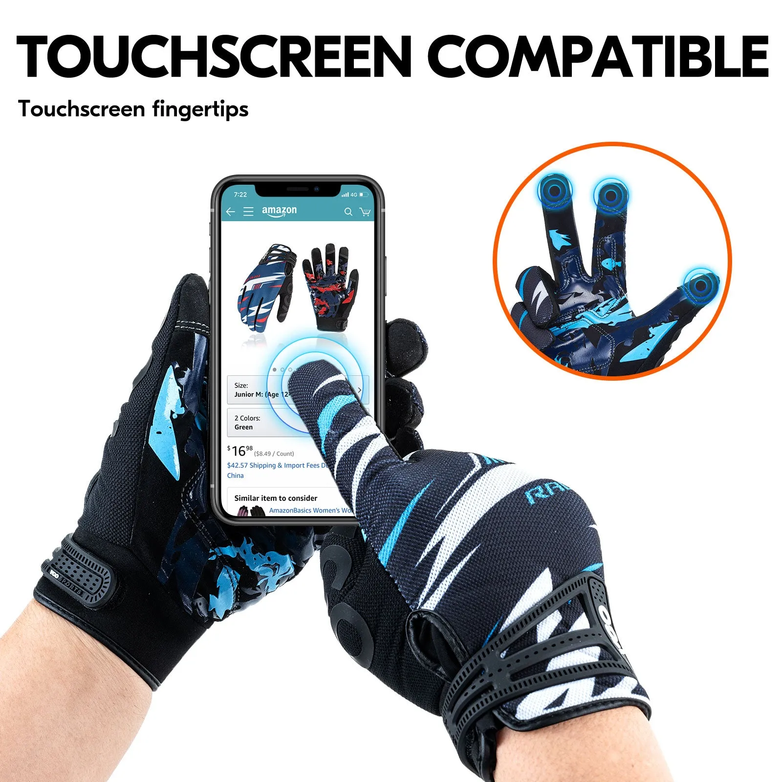 VGO 1 Pair Full Finger Touchscreen Motorcycle Gloves, Mountain Cycling Gloves, Riding Gloves, Workout,Racing, Outdoor Gloves (Blue/Red, MF5178)