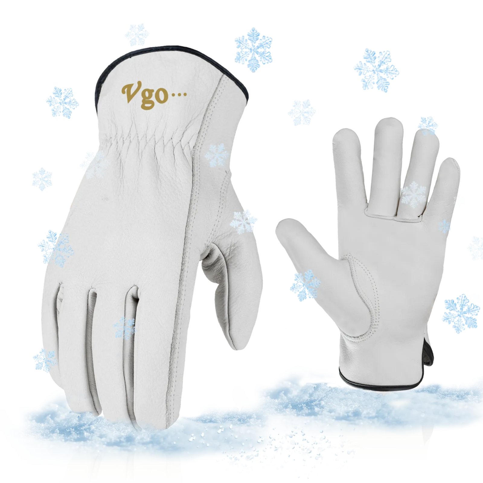 VGO 2 Pairs 32℉ or Above Lined Winter Cow Grain Leather Work and Driver Gloves For men (Cream,CA9501F)