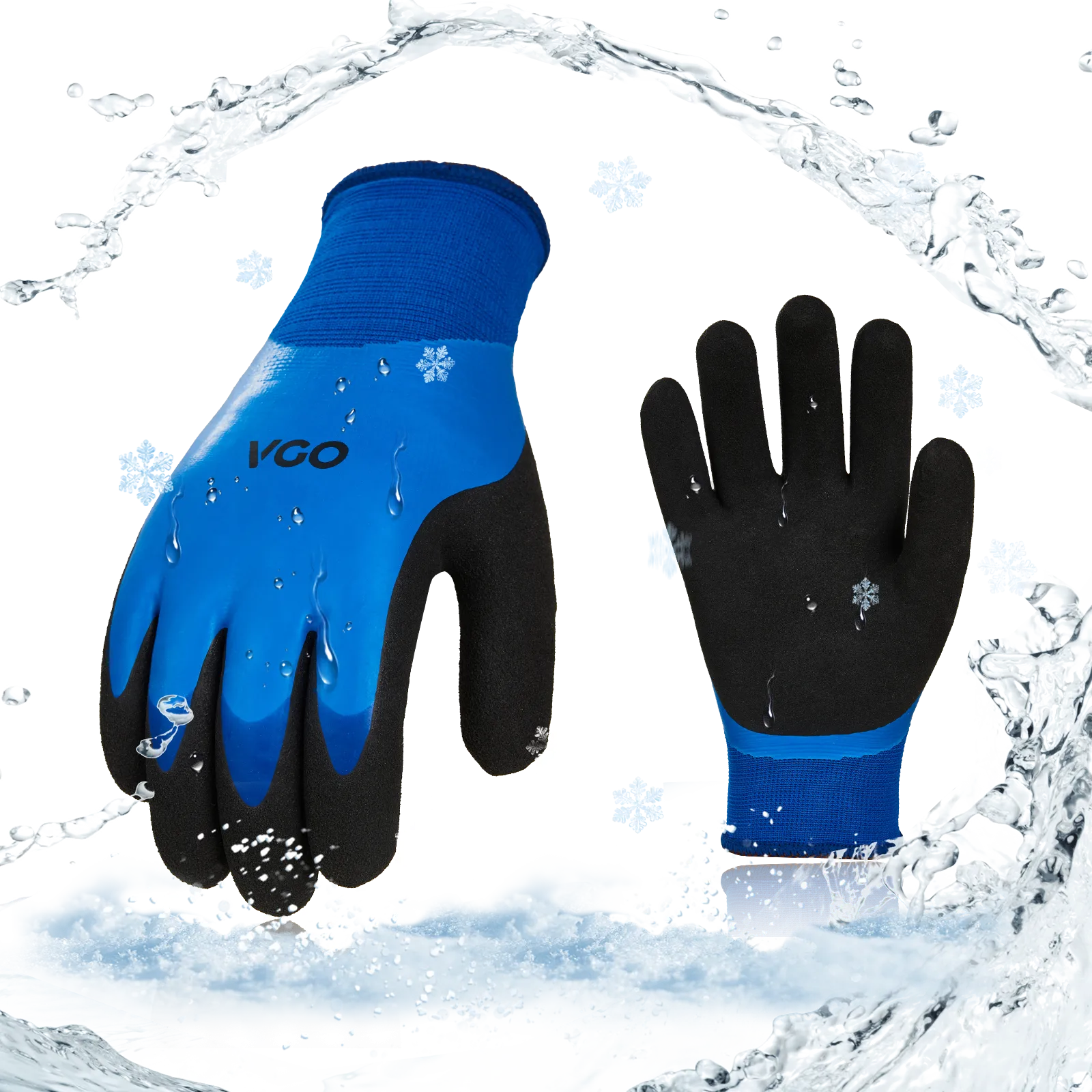 VGO 2-Pairs 32°F Triple Latex Coating Winter Gloves, Light Duty Work Gloves, Waterproof, Oil Resistance, Abrasion Resistance (Blue, RB2172)