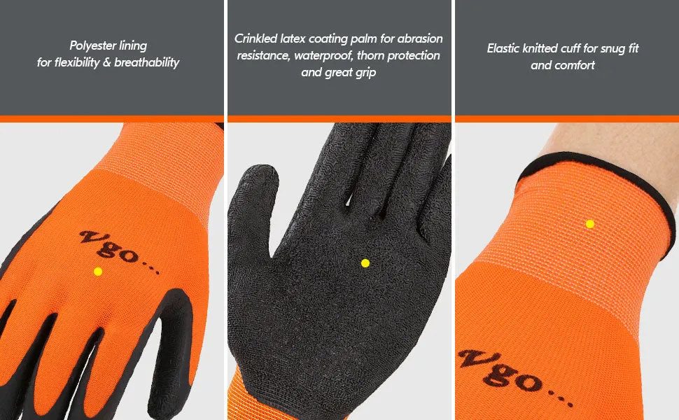 VGO 6 Pairs Latex Rubber Coated Gardening and Work Gloves (RB6023-GO)