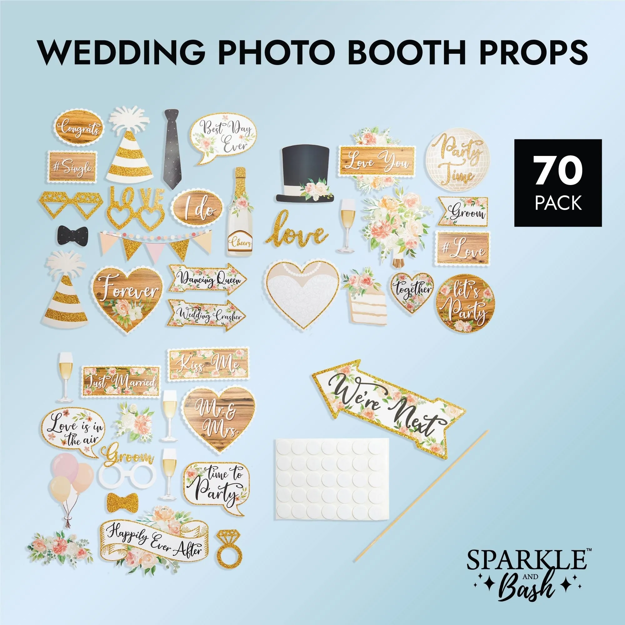 Wedding Photo Booth Prop Kit for Bridal Shower, Bachelorette Party (70 Pieces)