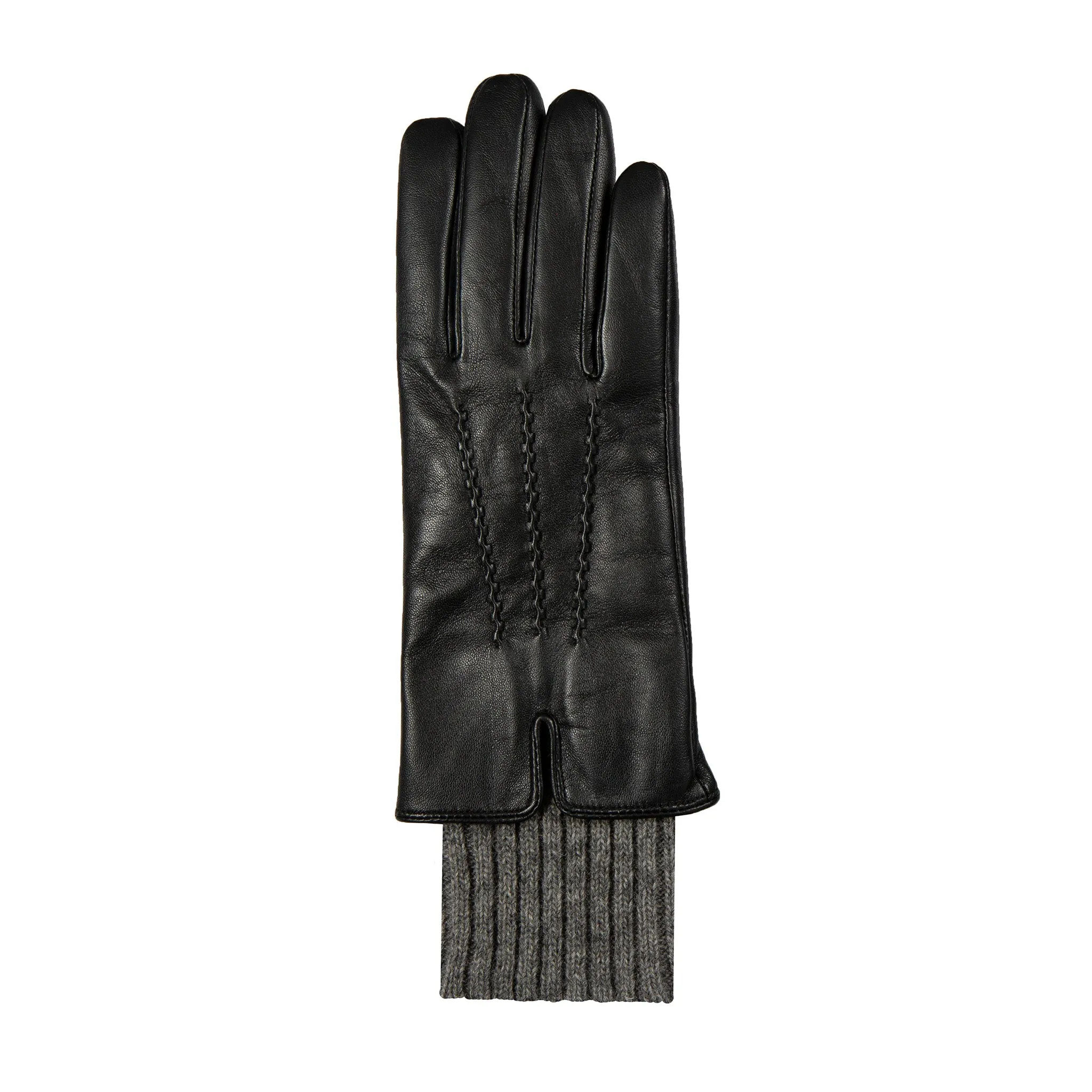 Women’s Three-Point Wool Blend-Lined Leather Gloves with Knitted Cuffs