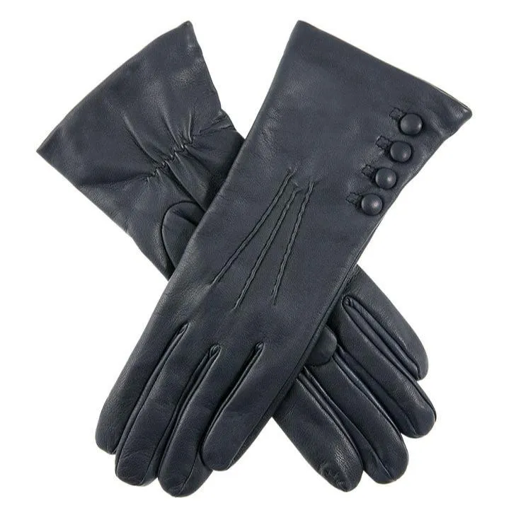 Women’s Touchscreen Three-Point Cashmere-Lined Leather Gloves with Buttons