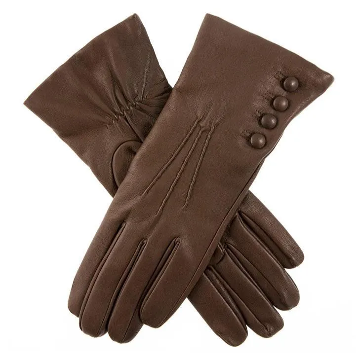 Women’s Touchscreen Three-Point Cashmere-Lined Leather Gloves with Buttons