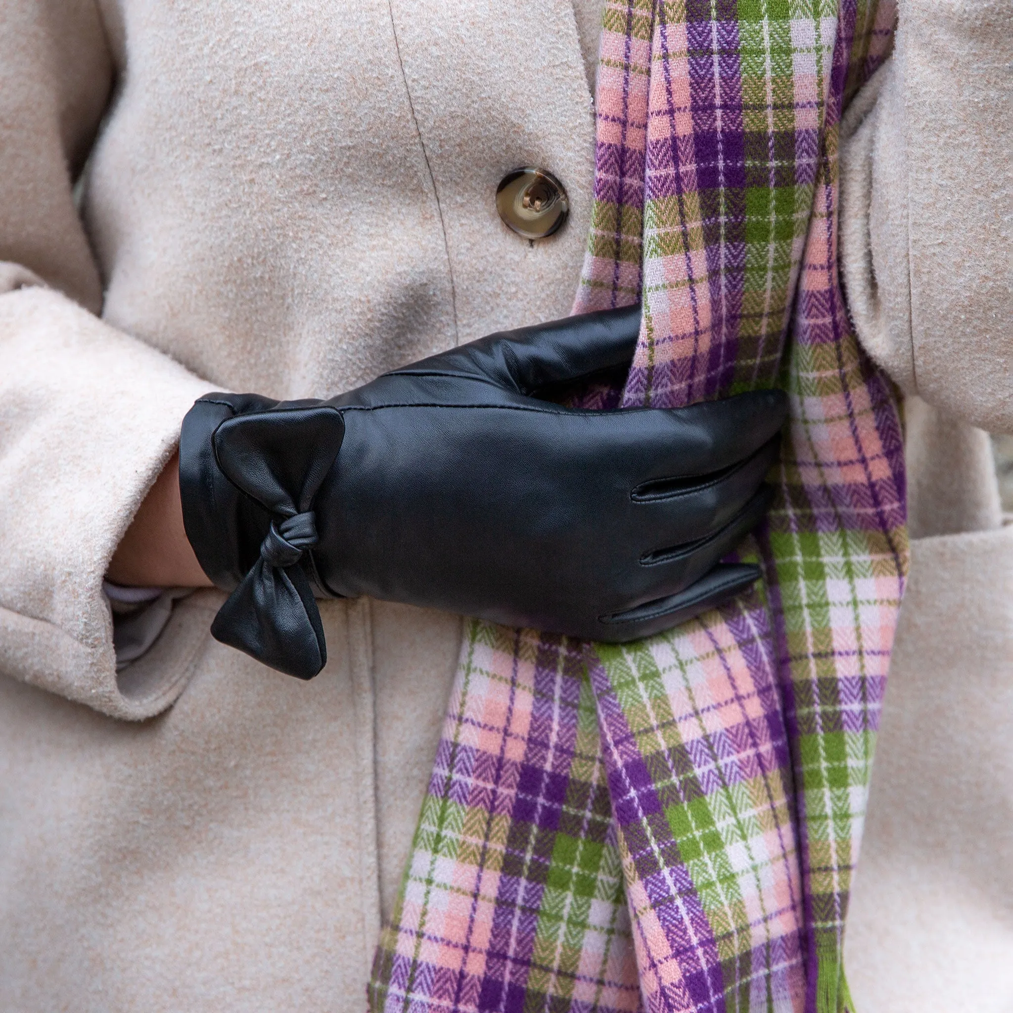 Women’s Touchscreen Wool-Lined Leather Gloves with Bow