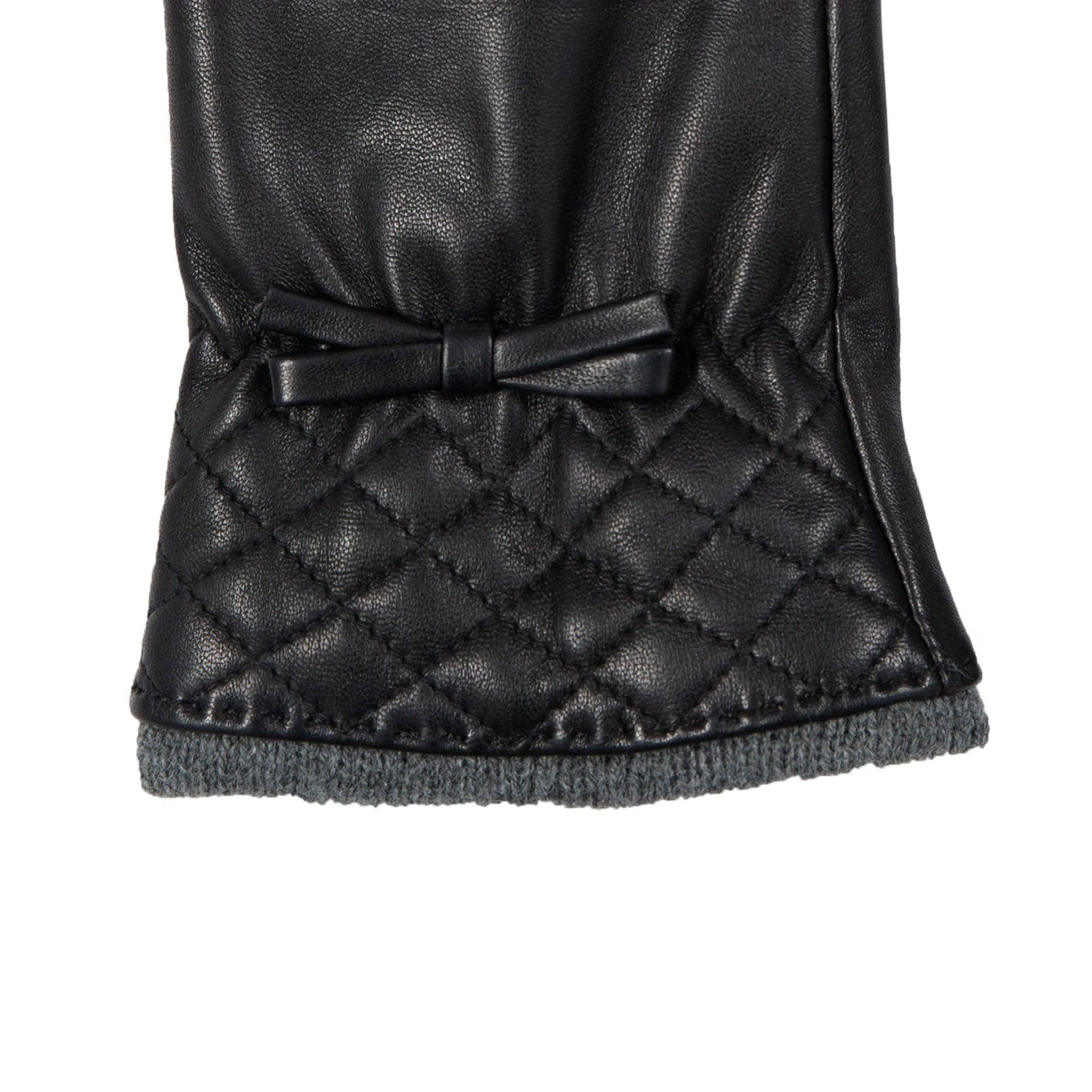 Women’s Wool-Lined Leather Gloves with Quilted Cuffs and Bow